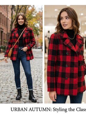 Gap Plaid Peacoat Jacket SizeXS Buffalo Double Breasted Notched Collar Red Black